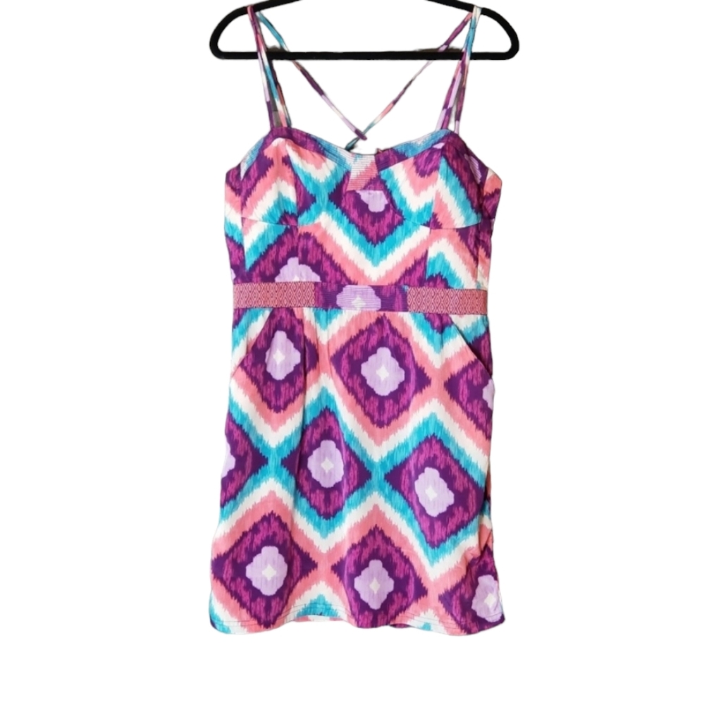 AEO aztec print blue white purple pink colorful spaghetti strap dress size 12